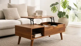Wooden lift-top coffee table with storage compartments in a living room