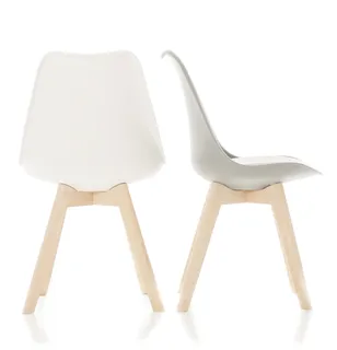 White molded chair shown from front and side on wooden legs