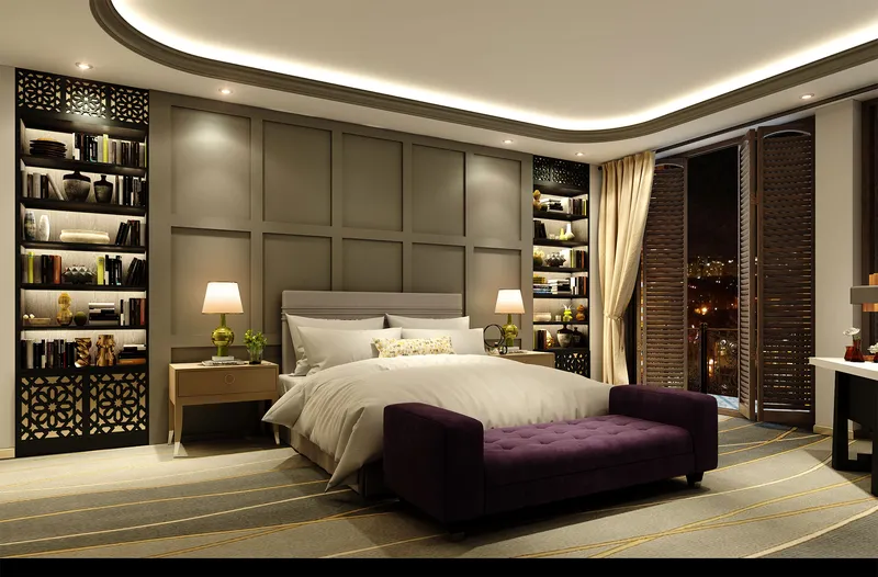 Finished hotel-style bedroom with bed, upholstered bench and built-in shelving