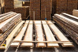 Wood slabs and bark-edged boards stacked in a timber processing area