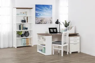 Home office furniture with white desk, shelving unit and chair