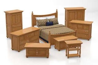 Wooden bedroom furniture collection with bed, wardrobes, chests and tables