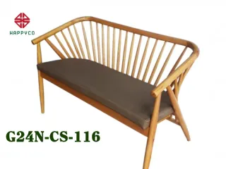 Wooden spindle-back loveseat with dark upholstered cushion
