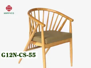 Light wood rounded-back armchair with olive upholstered seat