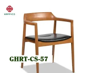 Medium wood armchair with curved arms and black upholstered seat