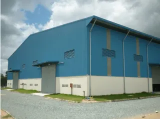 Blue industrial factory building with gravel yard under a cloudy sky