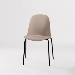 Taupe molded chair with black metal legs on a white background