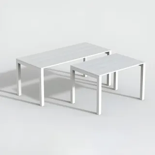 Two rectangular outdoor tables with white frames and contrasting tops