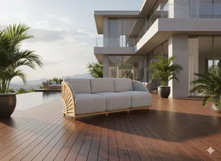 Cushioned wooden outdoor sofa on a poolside timber deck