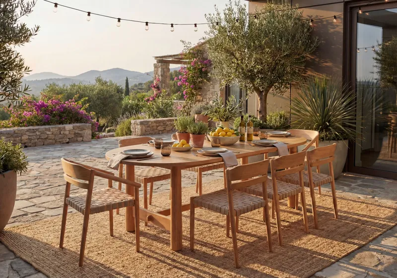 Wooden outdoor dining table and six woven-seat chairs on a terrace