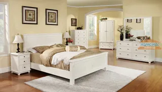 White bedroom set with bed, bedside table, wardrobe, dresser and chest