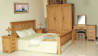 Wooden bedroom set with bed, wardrobe, desk and bedside tables