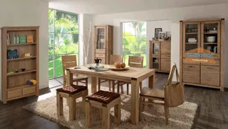 Wooden dining table, chairs, stools, bookcases and display cabinets
