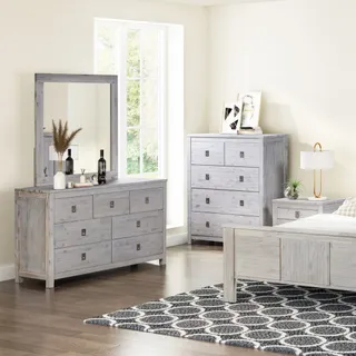 Gray wood bedroom set with dresser, mirror, chest, nightstand, bed, and bench