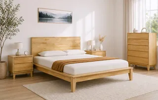 Wooden bedroom set with bed, nightstands, dresser, and chest