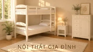 White bunk bed with matching dresser and bedside table in a bright children's bedroom.