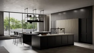 Dark wood kitchen cabinets with island and large windows