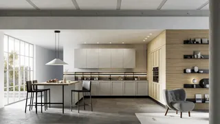 Light contemporary kitchen with island, tall cabinets and open shelving