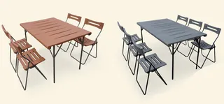 Two outdoor dining sets with slatted tables and matching folding chairs