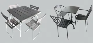 Outdoor dining tables paired with metal chairs in two designs