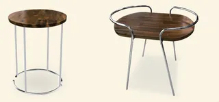 Two round wood-top tables with polished metal frames