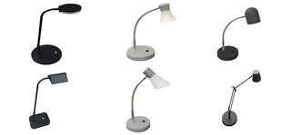 Six modern desk and table lamps in black, white and grey
