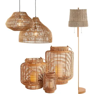 Collection of woven pendant, table and floor lamps