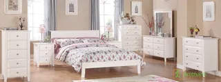 White bedroom furniture collection with bed, dressers, nightstands and mirror