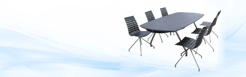 Dark oval dining table surrounded by six black slatted chairs.