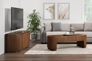 Wood slatted TV cabinet and coffee table with a sectional sofa in a living room