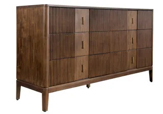 Brown fluted wooden sideboard with six drawers and tapered legs