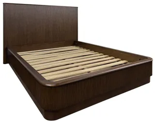 Dark stained wooden bed with a slatted base and vertically fluted headboard