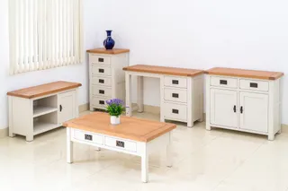 White and wood furniture collection with desks, cabinets, console and coffee table