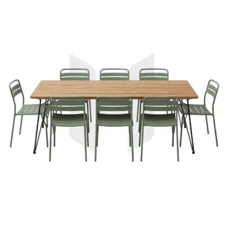 Rectangular wood-top table with eight green metal chairs