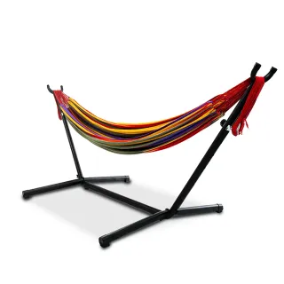 Colorful fabric hammock suspended from a black metal stand