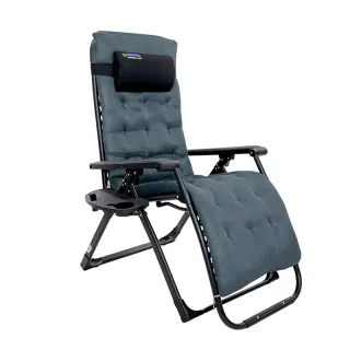 Gray padded reclining folding chair with footrest