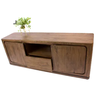 Natural wood sideboard with two doors, drawer and open shelf
