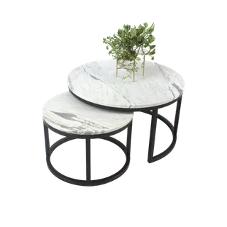 Pair of round nesting coffee tables with white marble-look tops
