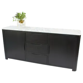 Dark wooden sideboard with drawers, doors and a white marble-look top