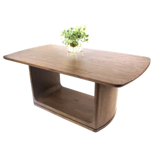 Natural wood coffee table with rounded corners and a lower shelf