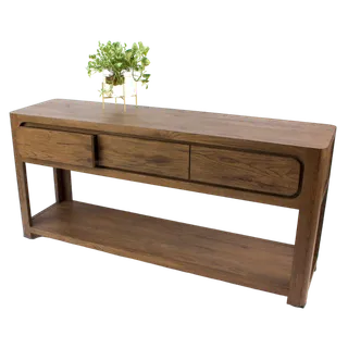 Long natural wood console table with drawers and a lower shelf