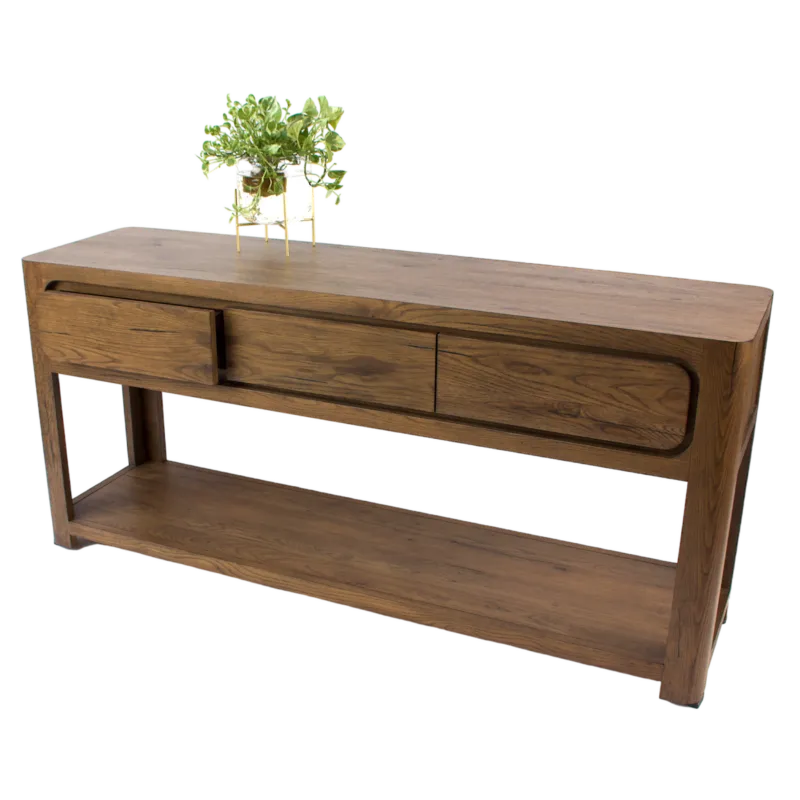 Long natural wood console table with drawers and a lower shelf