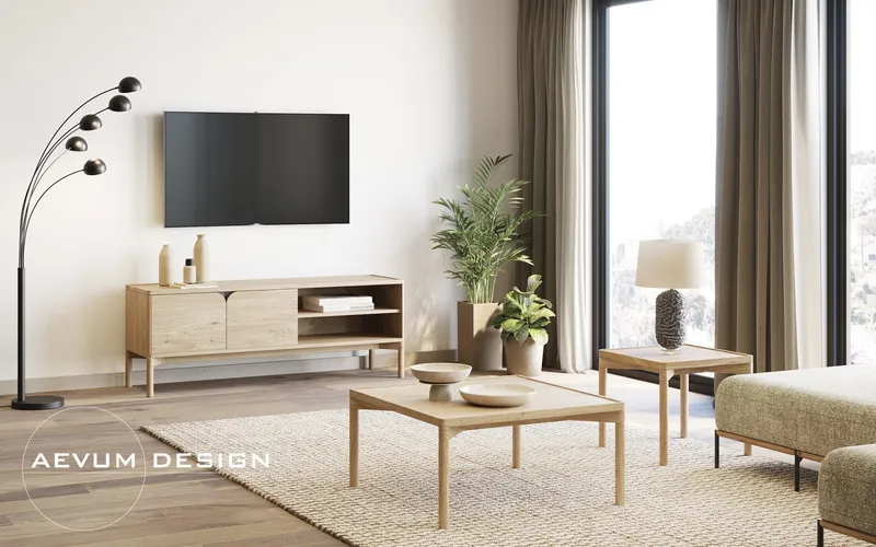 Wooden TV console with coffee table, seating and plants in a bright living room.