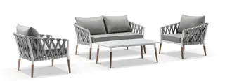 Woven outdoor sofa, armchairs and coffee table with gray cushions.