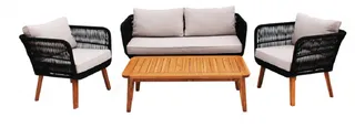 Black woven outdoor sofa and two armchairs with cushions and wooden coffee table.