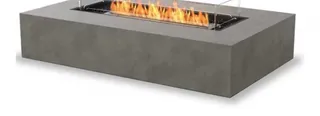 Rectangular gray outdoor fire pit table with a visible gas flame.