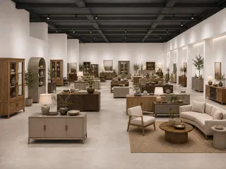 Large showroom displaying wooden cabinets, tables, chairs and sofas