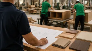 Workers assembling wooden furniture in a factory workshop