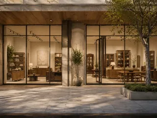 Furnished furniture showroom viewed from the street