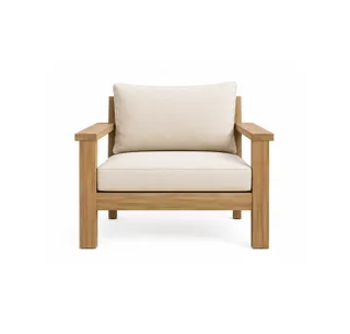 Wooden armchair with beige upholstered seat and back cushion